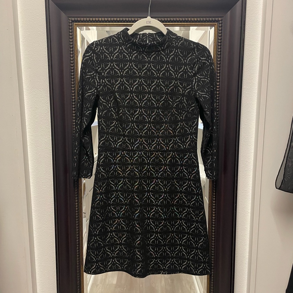 Loft Black Damask Patterned A-line Dress